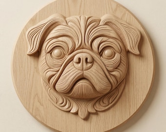 Pug Dog Wall Relief STL for CNC Router | Puppy Portrait Wood Carving File