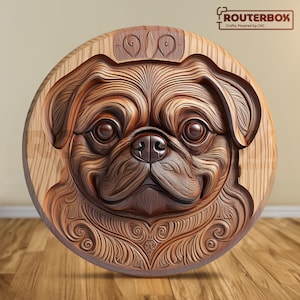 Arquivo STL 3D Pug Dog para roteadores CNC, ótimo para entalhe em madeira, impressão em resina, projetos de decoração de casa "faça você mesmo" para entusiastas criativos, uso comercial.