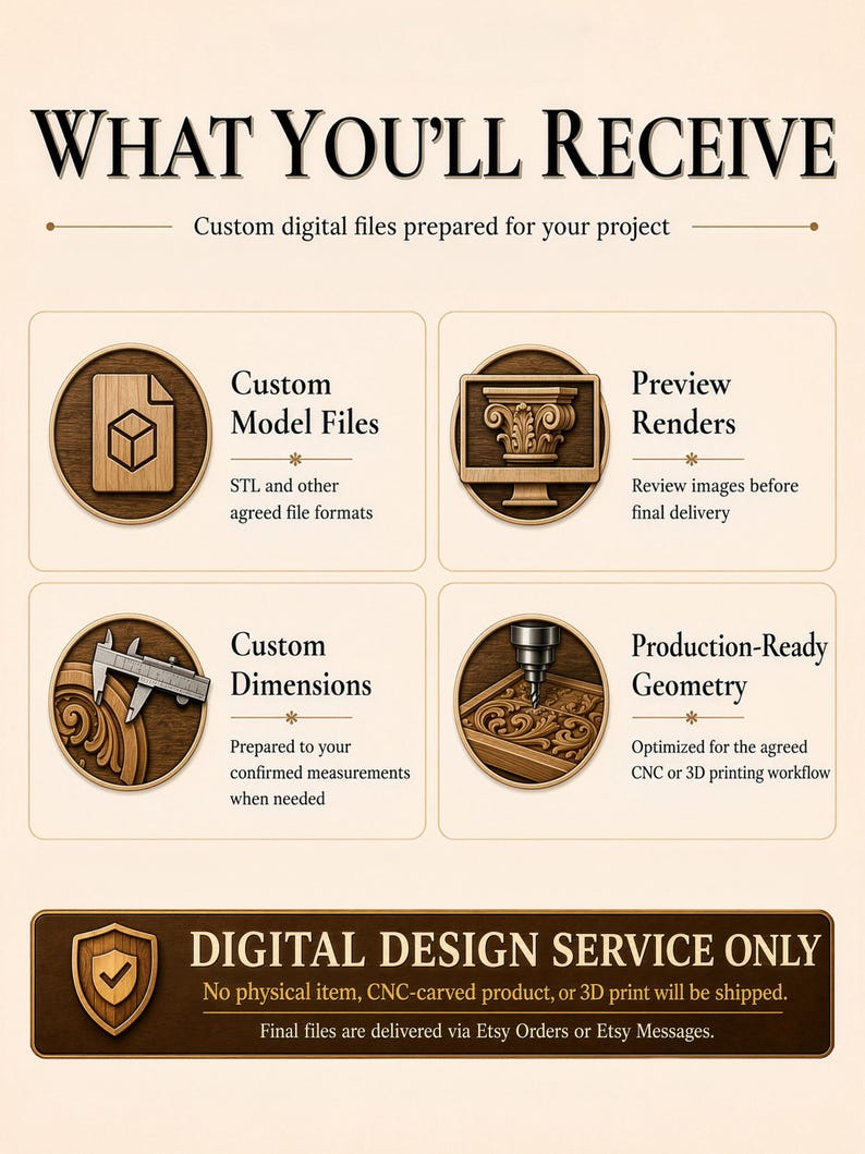 Custom digital model deliverables including STL files, preview renders, confirmed dimensions and production ready geometry.