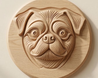 Pug Dog Relief STL for CNC Router | Pug Face Wood Carving | Rounded Wall Plaque