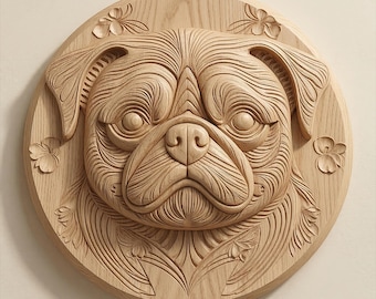 Pug Dog Floral Relief STL for CNC Router | Decorative Pug Face Wood Carving