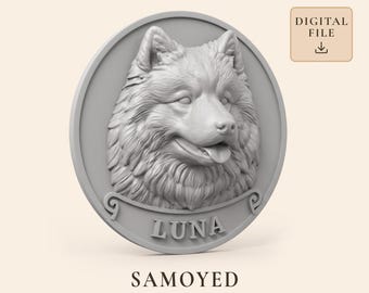Samoyed Dog STL with Personalized Name Plaque for 3D Printing