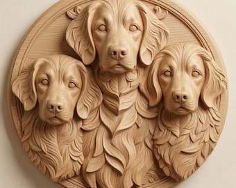 Golden Retriever Puppies STL for CNC Router, Dog Puppy Relief Carving File