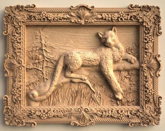 Cornice barocca con motivo leopardato, file STL in rilievo per lavorazione CNC del legno e arte murale 3D.