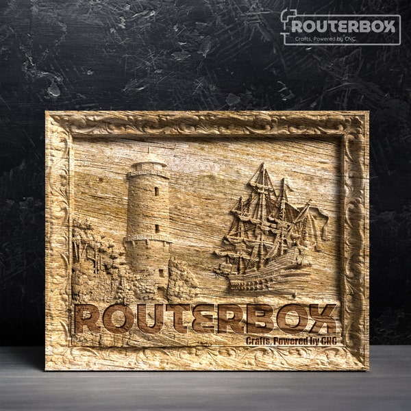 Stormy Sea Landscape: Shore, Lighthouse, Wooden Ship Relief STL Model for CNC Router - Dramatic Engravings & Nautical Decor