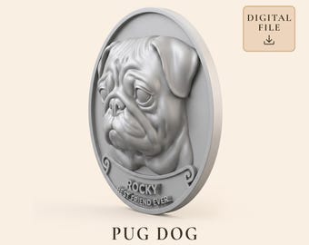 Pug Dog STL with Personalized Name Plaque for 3D Printing