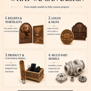 Custom 3d Model Service Examples of relief portraits, logo models, functional products and complex multi-part 3D models.
