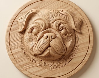 Pug Dog Portrait Relief STL for CNC Router | Pug Face Wood Carving Design