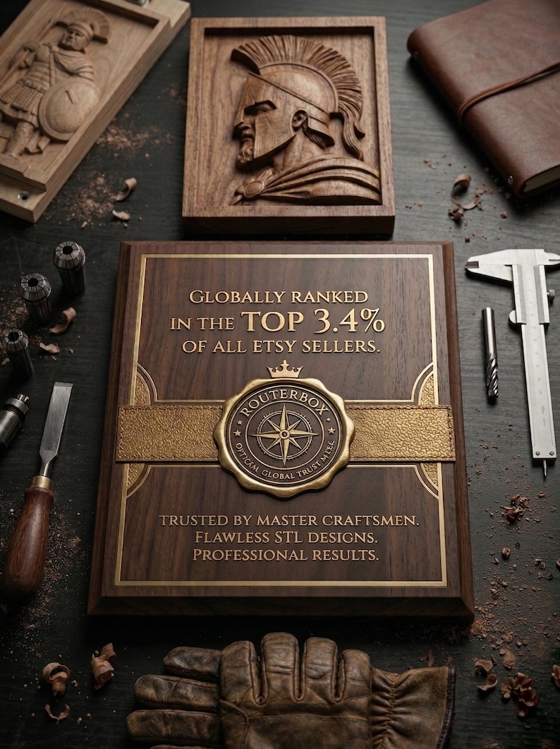 CNC carving bench displaying relief artwork, carving tools, and a global ranking badge indicating trusted brand performance
