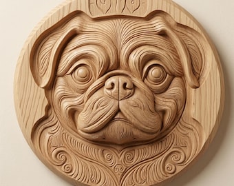 Pug Dog Relief STL | CNC Wood Carving File, Wall Art