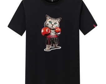 Boxing Cat Print Cotton T-shirt