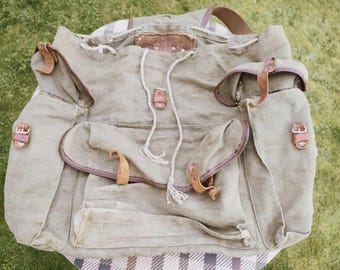 Vintage canvas rugzak - militaire rugzak - bergrugzak - rugzak met leren riemen - canvas toeristenrugzak - perfect cadeau