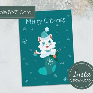 Merry Catmas Card, Christmas Card Cat, Christmas Cat Stocking Card, Cat Lovers Christmas Card, White Cat Card, Cat Christmas Card