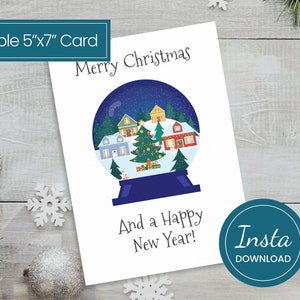 Buon Natale Snowglobe Card, cartolina di Natale Snowglobe, cartolina di Natale blu, cartolina di buone feste, clipart di palla di neve di Natale