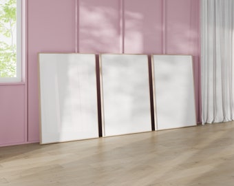 Three Frame Mockup Minimalist Interior Frame Mockup 5x7 Ratio Wood Frame Pink Wall Beige Vertical Frame Mockup Pink Wall Paneling