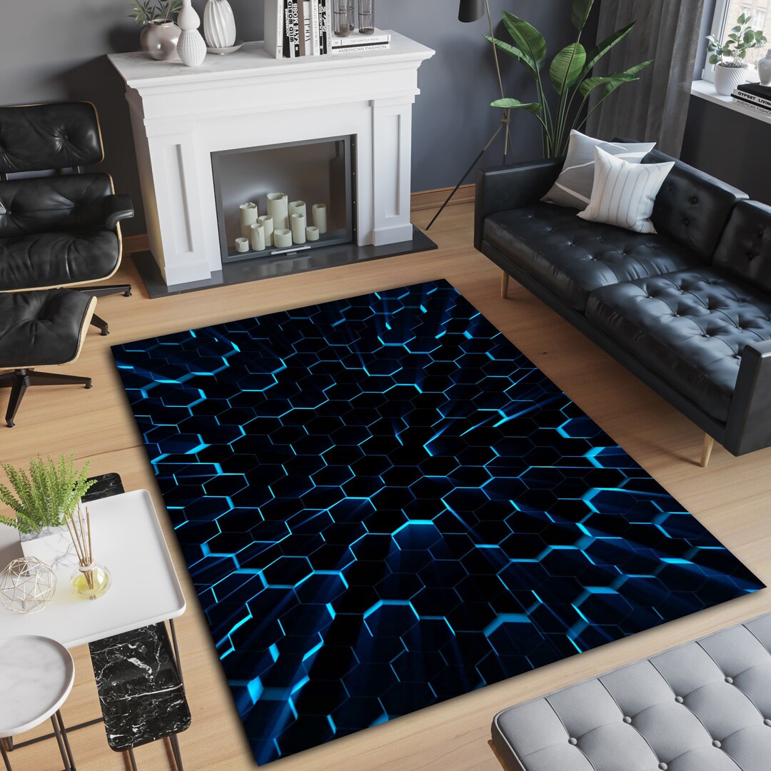 3D Gaming Rug, Neon Gamer Room Decor, Black & Blue Hexagon Rug - Etsy