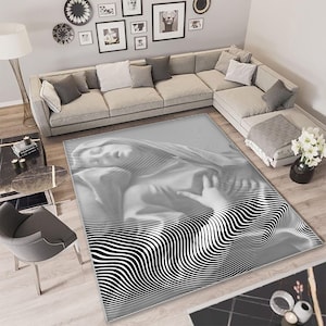 Optical Illusion Rug: Black and White Geometric Lines, Custom Living Room Decor