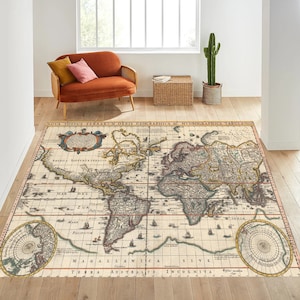 Tapete de mapa-múndi, tapete Typus Orbis Terrarum, tapete de mapa, decoração temática de geografia, tapete de mapa do velho mundo, tapete personalizado, para sala de estar, presente personalizado