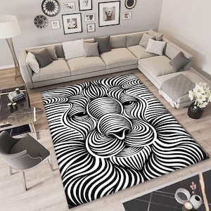 Optical Illusion Rug: Black and White Geometric Lion Design