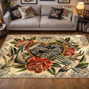 Alfombra tradicional de tatuajes: barcos, rosas y anclas