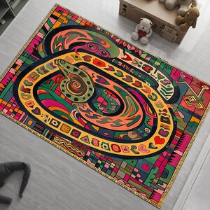 Tapijt met slangenprint: paars en geel tapijt met dierenprint, trendy model.