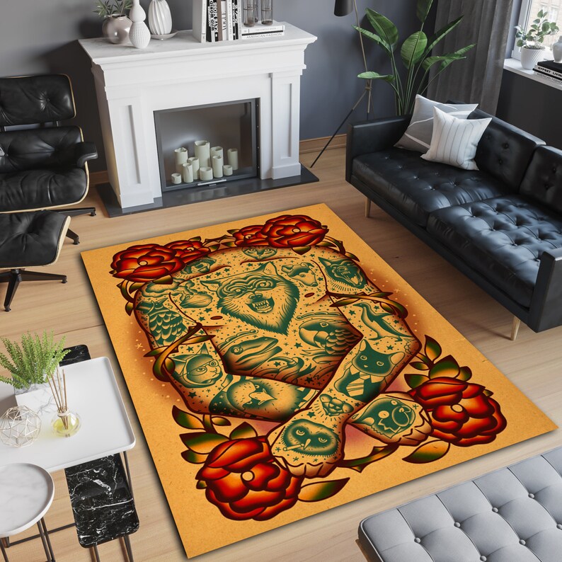 Traditional Tattoo Design Rug: Body Art Theme, Non-slip Cotton Base - Etsy