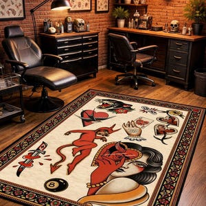 May include: A rectangular rug with a cream background, displaying traditional tattoo designs. The rug features a devil, hearts, a dagger, and a woman's face, in red, black, and beige. The border has a floral pattern.