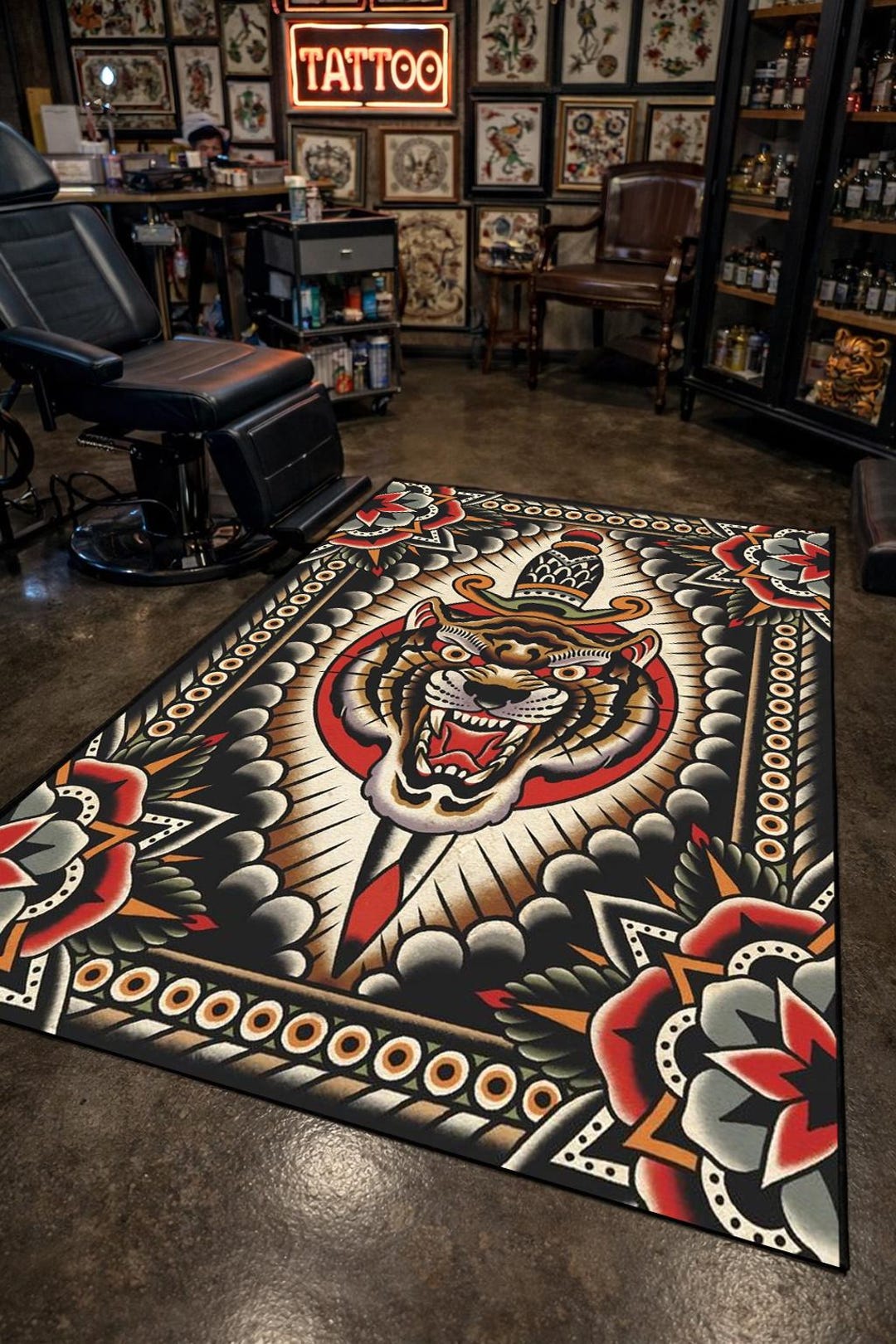 Tatto Rug Tiger Tattoo Design Rug: Traditional Style, Non-slip Cotton Base - Etsy