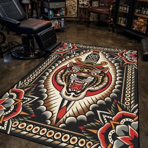 Alfombra con diseño de tatuaje de tigre: estilo tradicional, base de algodón antideslizante.
