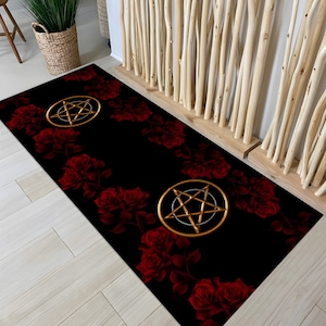 Pentagram Rug: Pagan Wiccan Altar with Red Roses