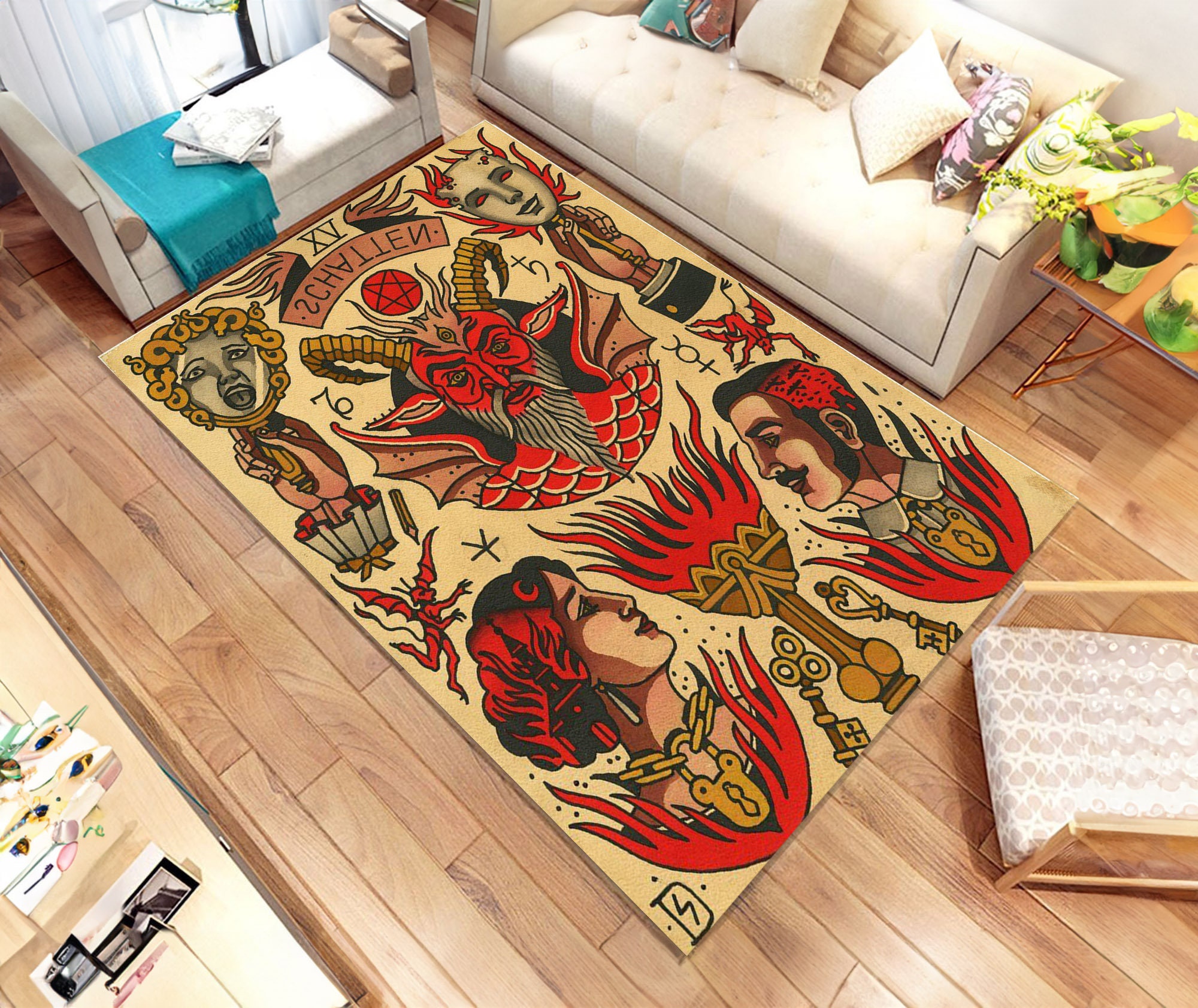 Tatto Rug Old School Tattoo Rug: American Traditional Devil Design - Etsy