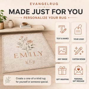 The image is an advertisement for a rug that allows users to personalize their rug by adding text, names, logos, and images.