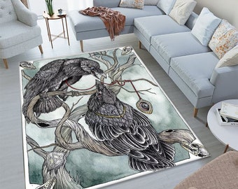 Hugin Munin Rug: Norse Viking Ravens, Living Room Decor