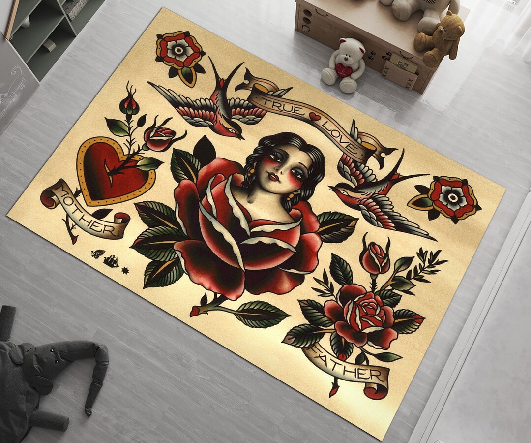 Old School Tattoo Rug, Tattoo Rug, Japanese Tattoo Rug, Mother Tattoo ...