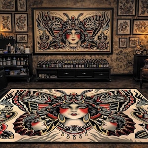 Alfombra de tatuaje tradicional estadounidense: diseño de mariposa y araña