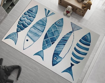 Coastal Fish Rug, Blue Nautical Area Carpet, Mediterranean Kitchen Decor, Ocean Theme Living Room Mat, Beach House Floor Accent
