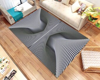 Optical Illusion Rug: Black and White Geometric Lines, Modern Living Room