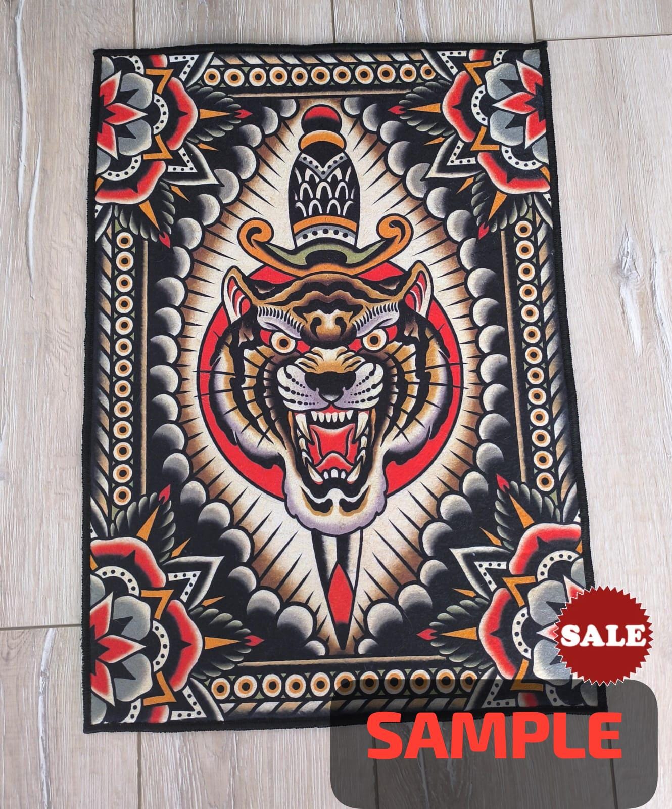 Tatto Rug Old School Tattoo Style Area Rug Tiger Snake Eagle Ship Roses Love ...