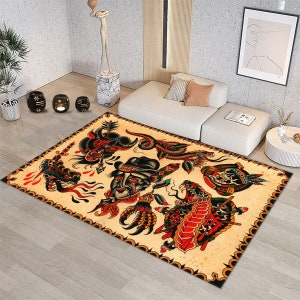 Traditional American Tattoo Design Rug: Snake & Bull Theme