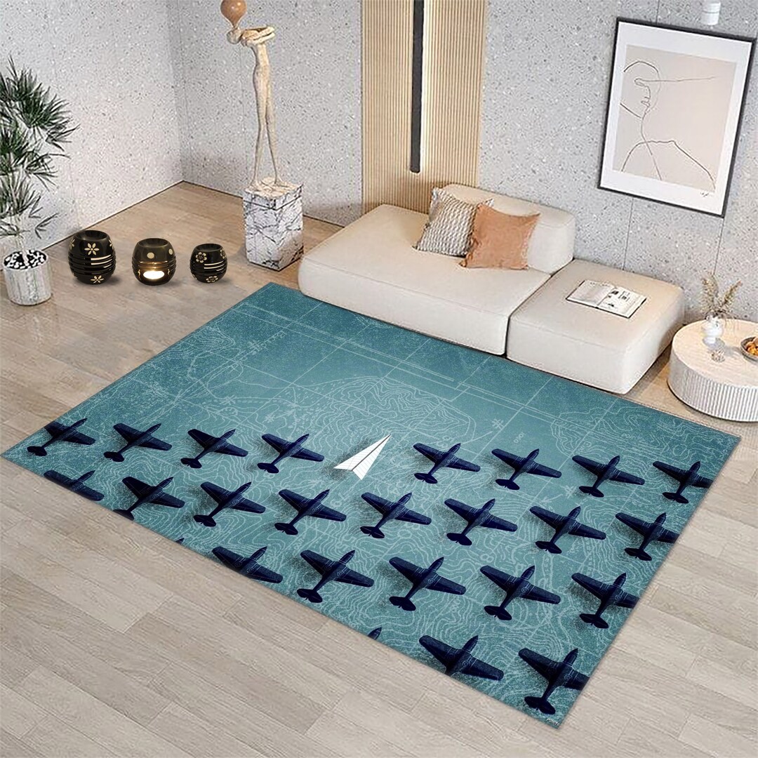 Airplan Rug Minimal Plane Rug, Airplane Design Rug, Paper Airplanes Design, Blue ...