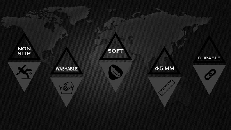 Puede incluir: Un gr&aacute;fico en blanco y negro que muestra seis iconos en forma de tri&aacute;ngulo con diferentes caracter&iacute;sticas de un producto. Los iconos muestran que el producto es antideslizante, lavable, suave, de 4 a 5 mm de grosor, duradero y tiene una textura similar a la de una pluma.