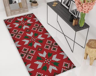 Christmas Rug: Red Holiday Snowflake & Tree Design