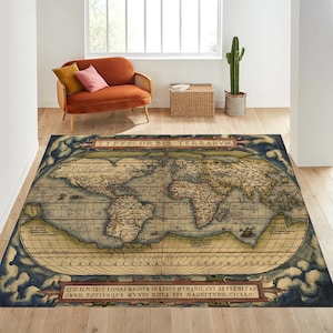 Tapijt wereldkaart, typus orbis terrarumtapijt, kaarttapijt, decor geografiethema, tapijt oude wereldkaart, aangepast tapijt, woonkamer, gepersonaliseerd cadeau