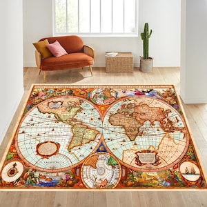 Old World Map Rug: Geography Decor, Custom Cotton Rug