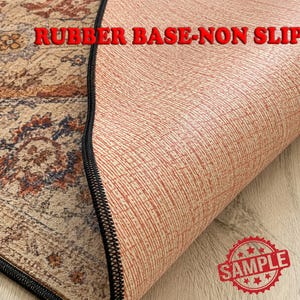 a close-up view of a rug with a rubber base and a non-slip texture, placed on a wooden surface.