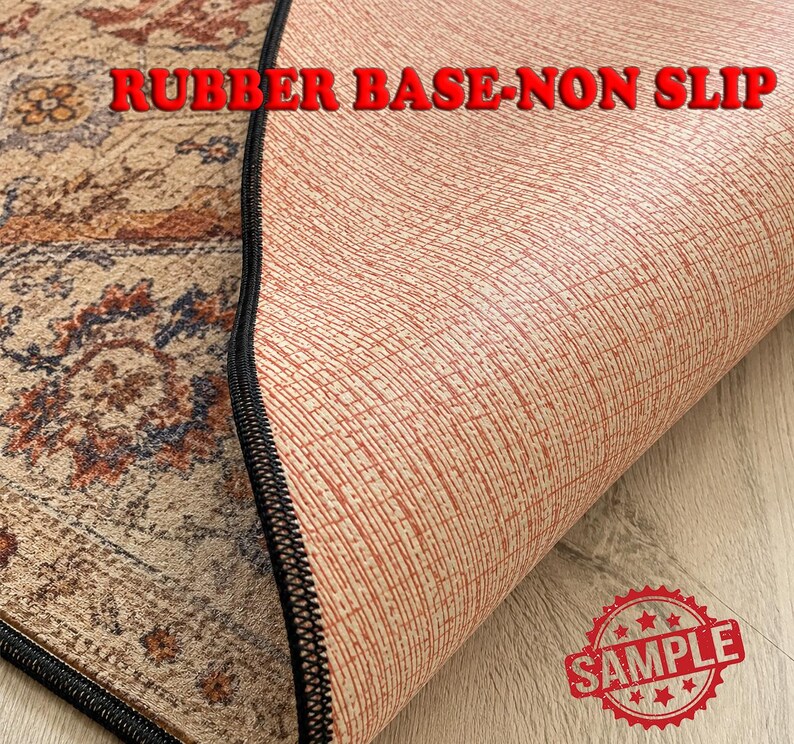 a close-up view of a rug with a rubber base and a non-slip texture, placed on a wooden surface.