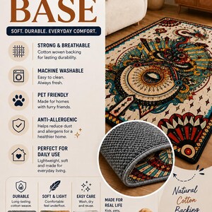 The image is a promotional poster for a premium quality cotton base rug. It features a close-up of the rug, along with various descriptions highlighting the rug's features, such as its soft, durable, everyday comfort, machine washable, pet friendly, anti-allergic, and natural cotton backing. The poster also includes a collage of images showcasing the rug in different settings, such as a living room and a pet-friendly environment.