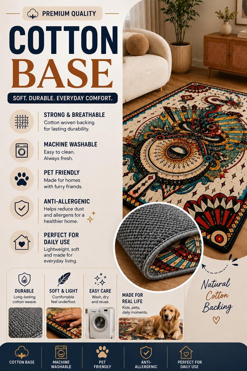 The image is a promotional poster for a premium quality cotton base rug. It features a close-up of the rug, along with various descriptions highlighting the rug's features, such as its soft, durable, everyday comfort, machine washable, pet friendly, anti-allergic, and natural cotton backing. The poster also includes a collage of images showcasing the rug in different settings, such as a living room and a pet-friendly environment.