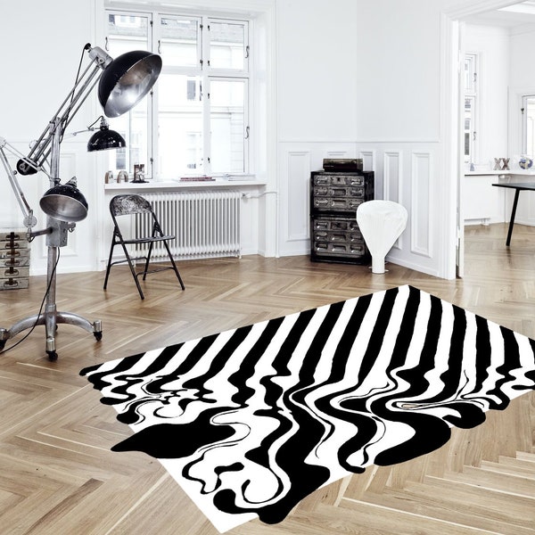 Tapis fondant, tapis abstrait, tapis aux lignes irrégulières, tapis noir blanc, tapis esthétique, tapis personnalisé, tapis de bureau, salon, cadeau personnalisé, cadeau pour