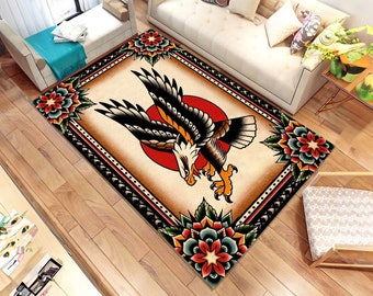Eagle Tattoo Design Rug: Traditional Style, Non-Slip Cotton Base